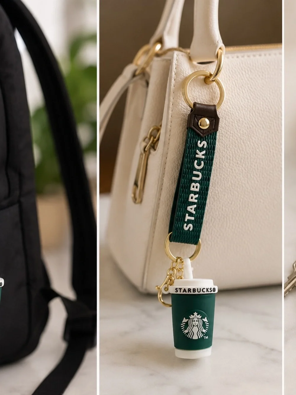 Starbucks Dark Green and White Cup Keychain with Gold Hardware
